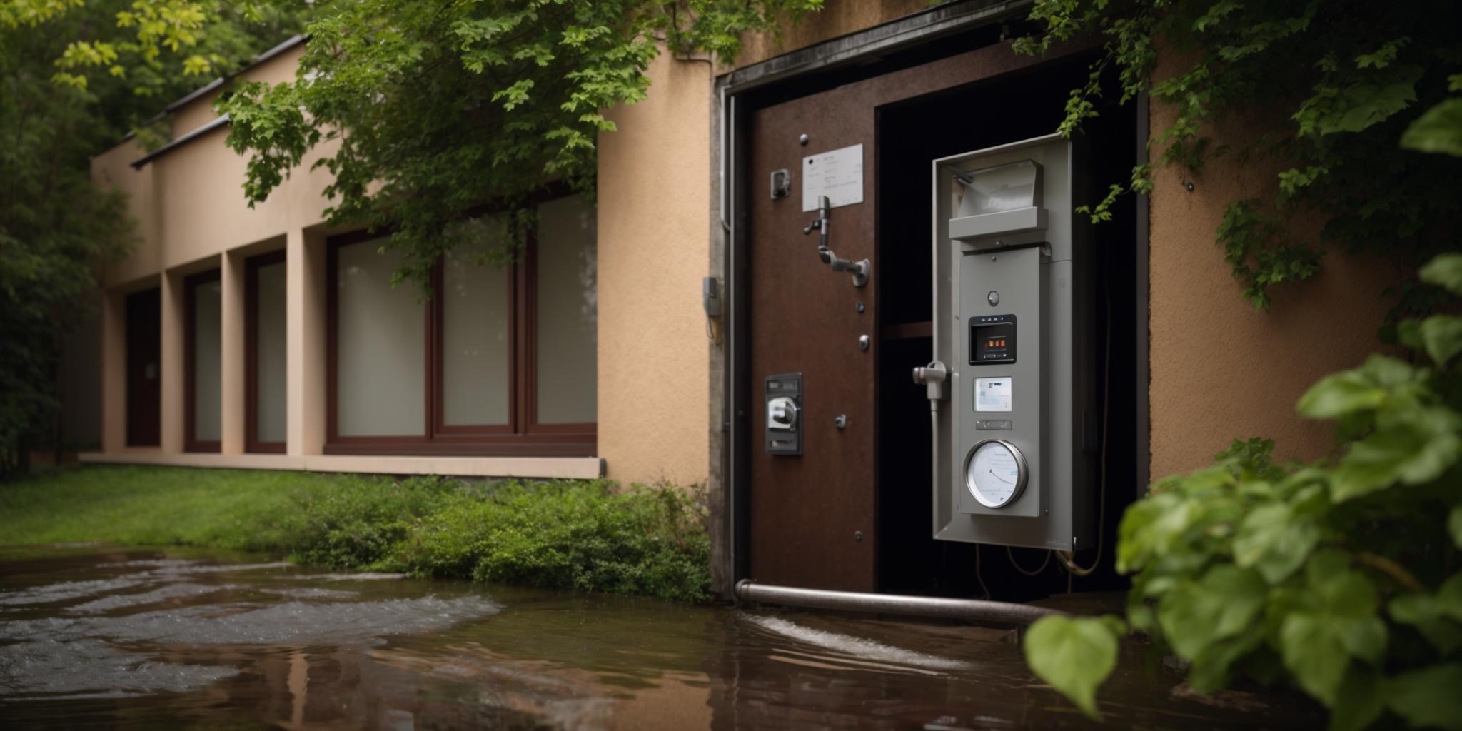A leaking water meter on a residential building, raising questions about responsibility and repair.