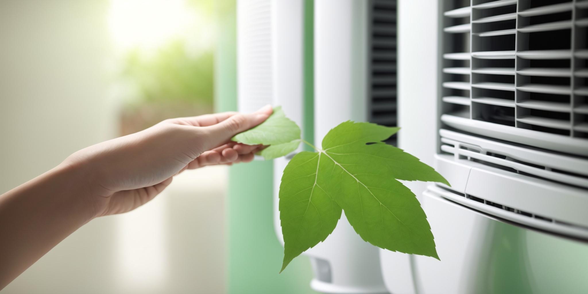 Main tenant une feuille verte devant un climatiseur symbolisant la climatisation écologique.
