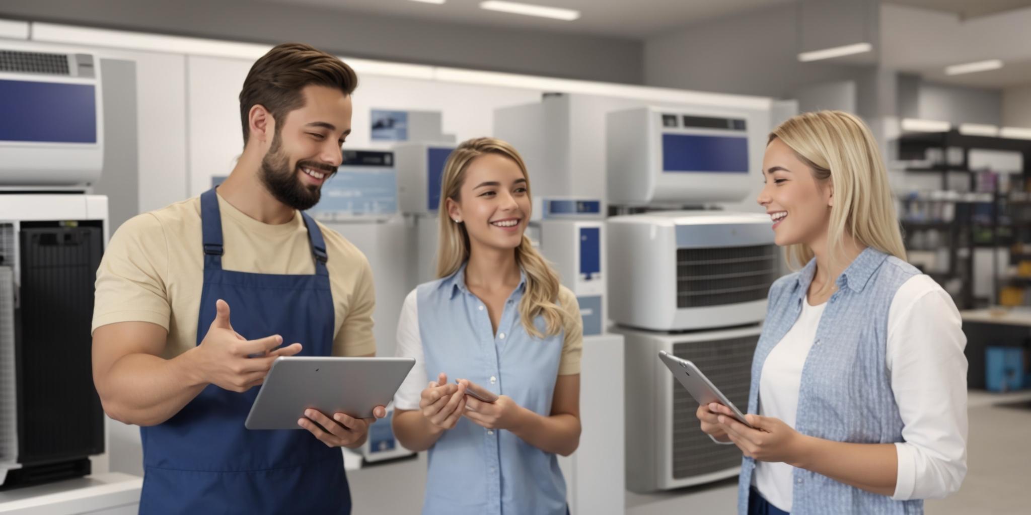 Un couple reçoit des conseils d'un technicien sur les climatiseurs dans un magasin.