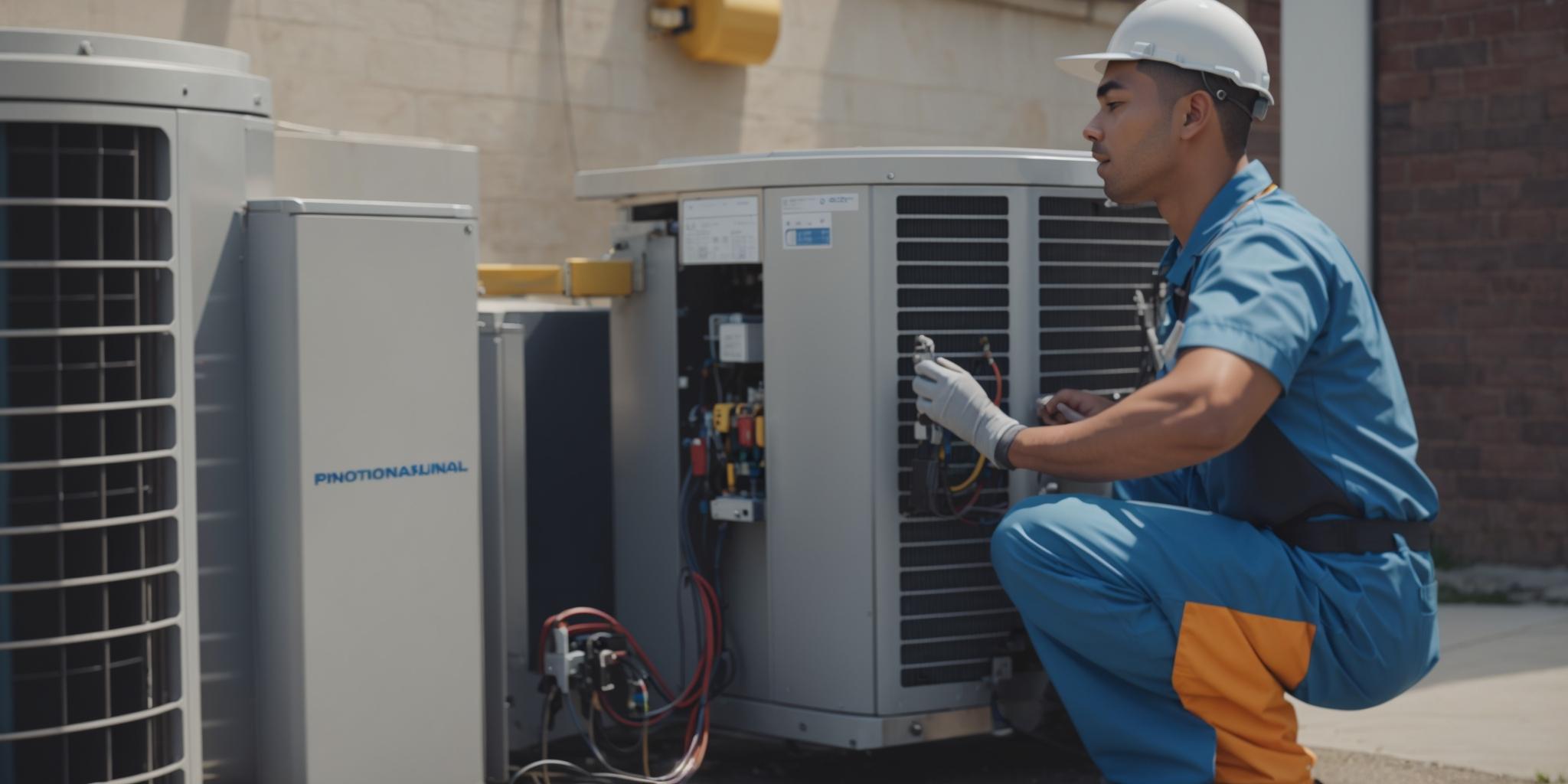 Technicien effectuant l'entretien d'un climatiseur extérieur pour une performance optimale.