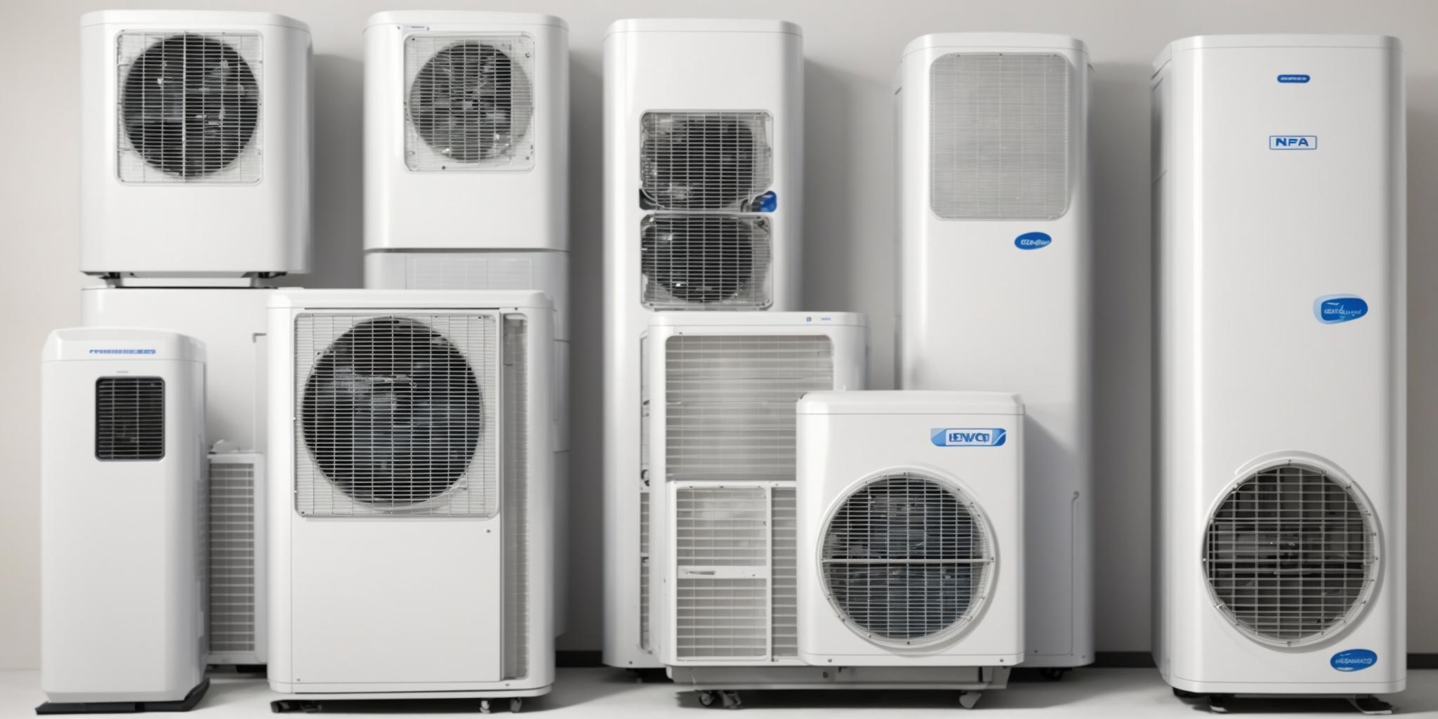 Différents types de climatiseurs avec étiquettes de prix illustrant les variations de coûts.