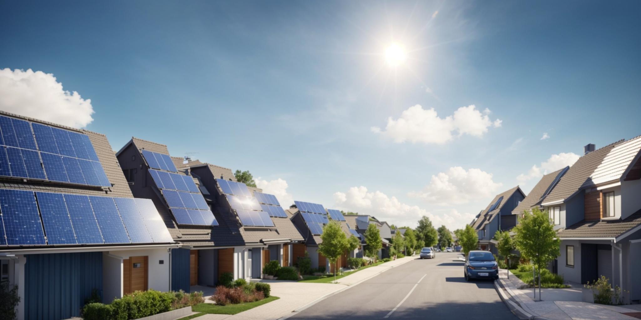 A residential street with houses powered by solar panels, illustrating a sustainable community embracing renewable energy.
