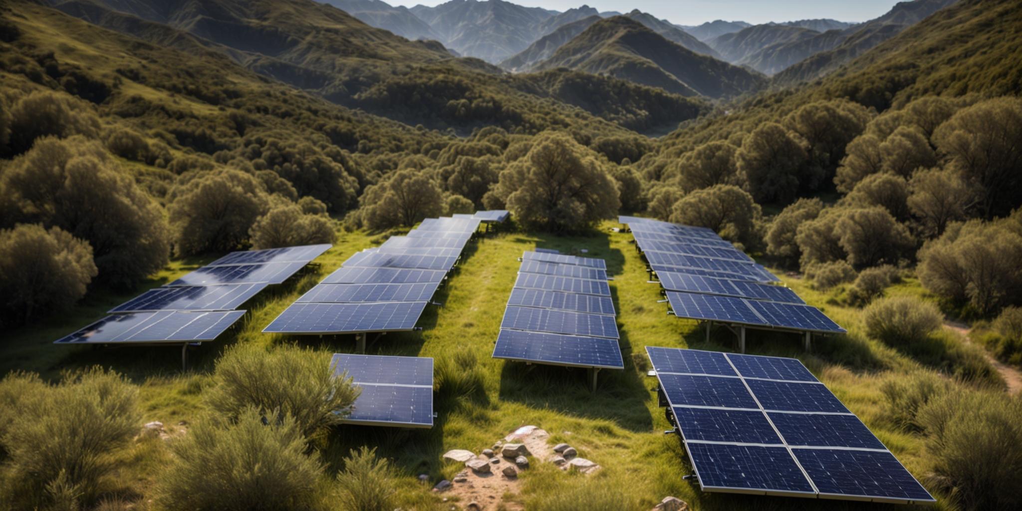 Installation de panneaux solaires s'intégrant harmonieusement à la nature corse, illustrant son faible impact environnemental.