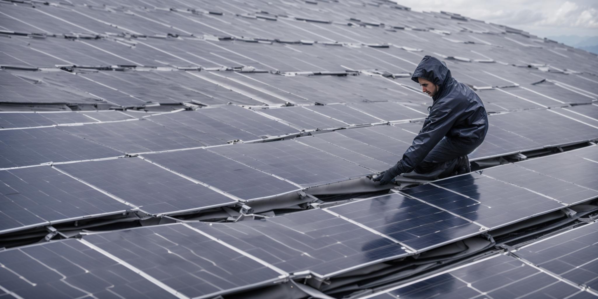 Préparation aux intempéries : un technicien protège une installation de panneaux solaires en Corse avec une bâche de protection.