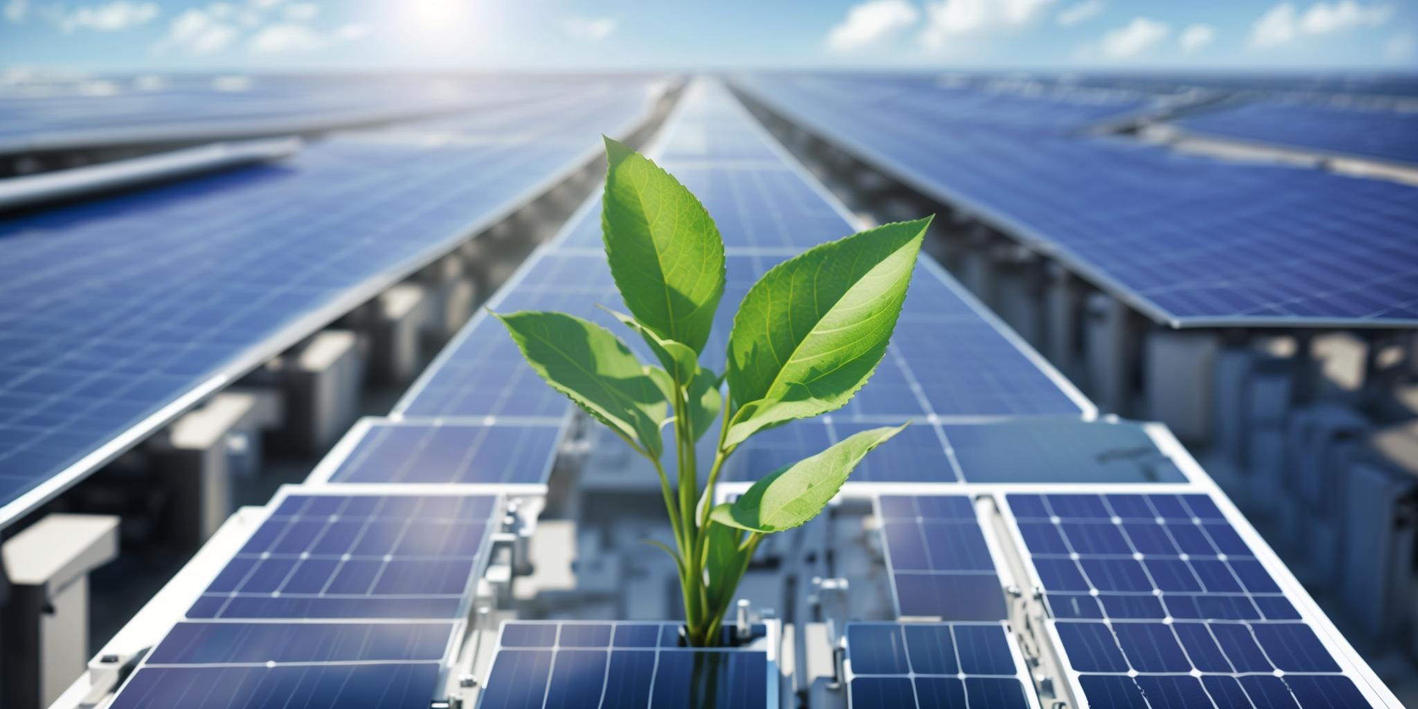 A green sprout held against a field of solar panels, representing sustainable growth and a greener future through renewable energy.