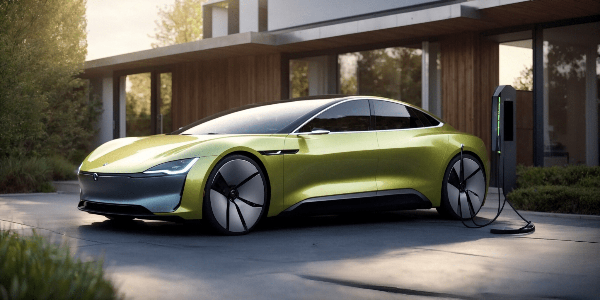 Voiture électrique en recharge à domicile avec des panneaux solaires en arrière-plan