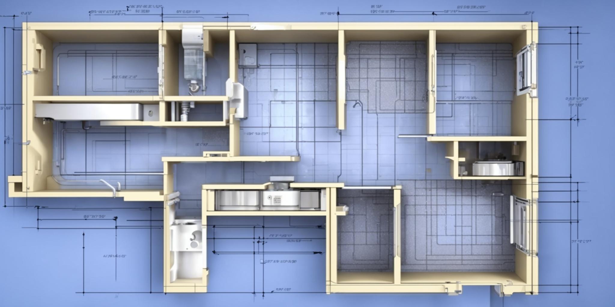 Plan d'une maison de 100m2 avec le système de plomberie mis en évidence