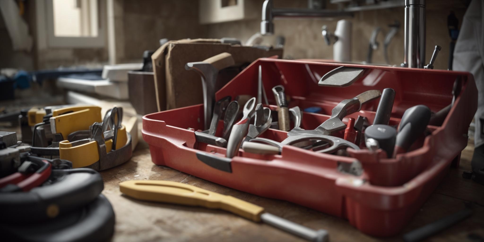 Boîte à outils de plombier ouverte remplie d'outils, avec une salle de bain partiellement rénovée en arrière-plan