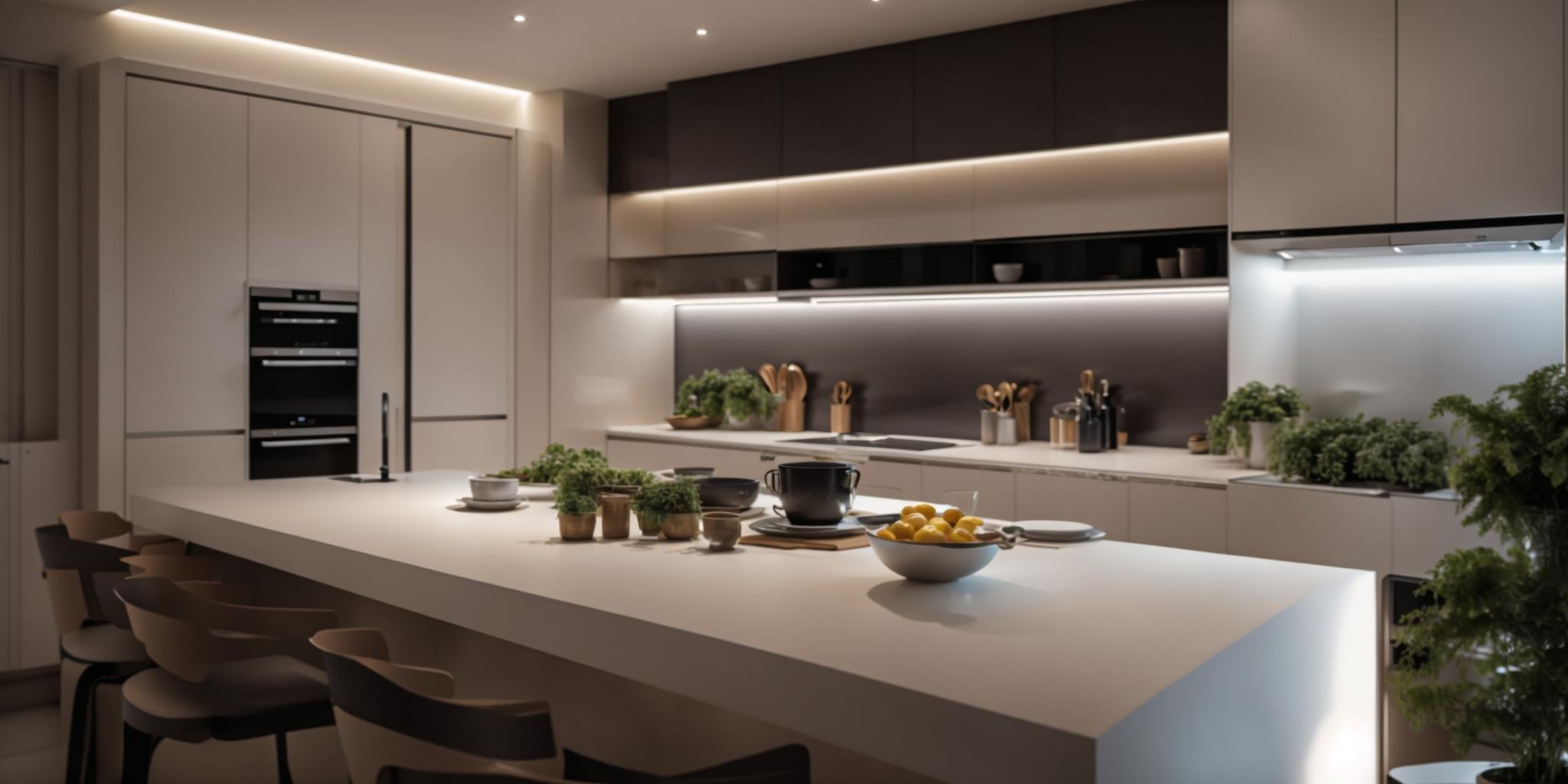 A modern kitchen with automated lighting highlighting specific areas, illustrating the convenience and ambiance of smart lighting solutions.