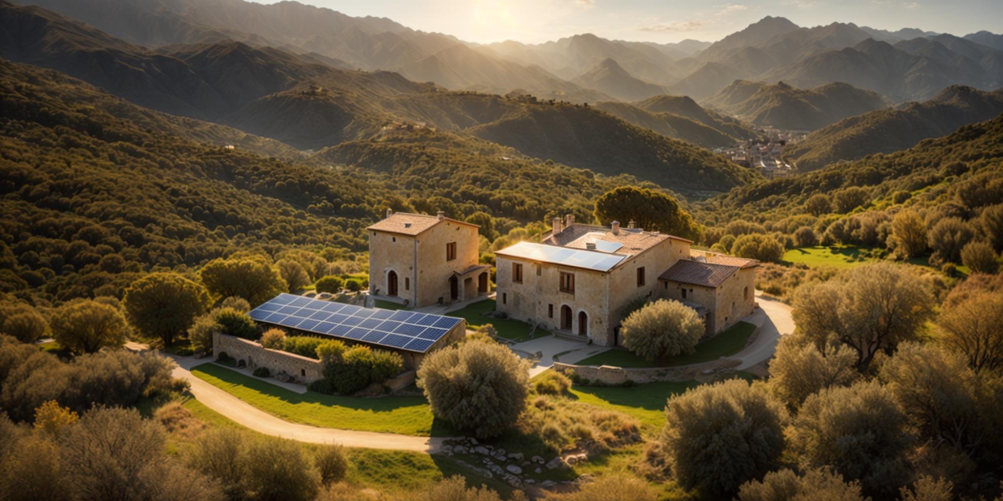 Corsican village with solar panels at sunset.