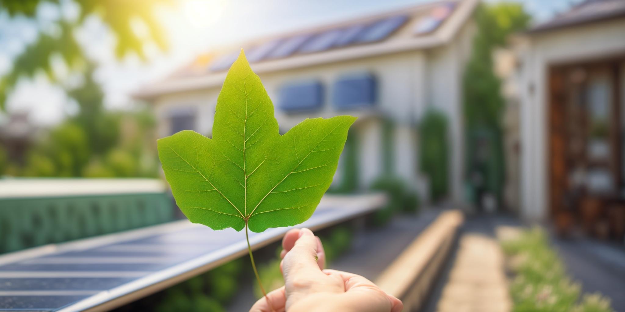 Green leaf held in front of a solar-powered house.