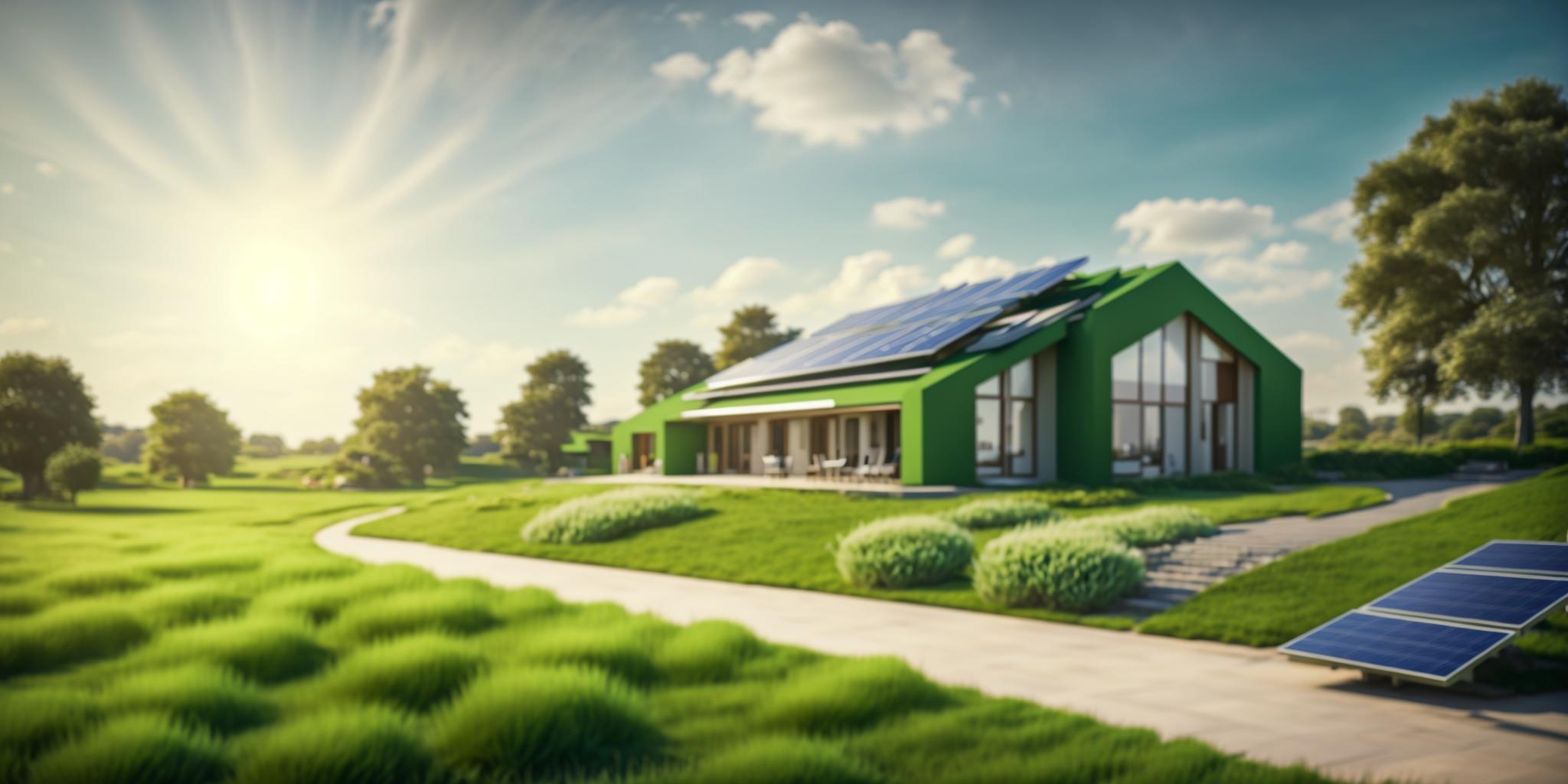 Un champ vert avec une maison équipée de panneaux solaires en arrière-plan, symbolisant un avenir durable.