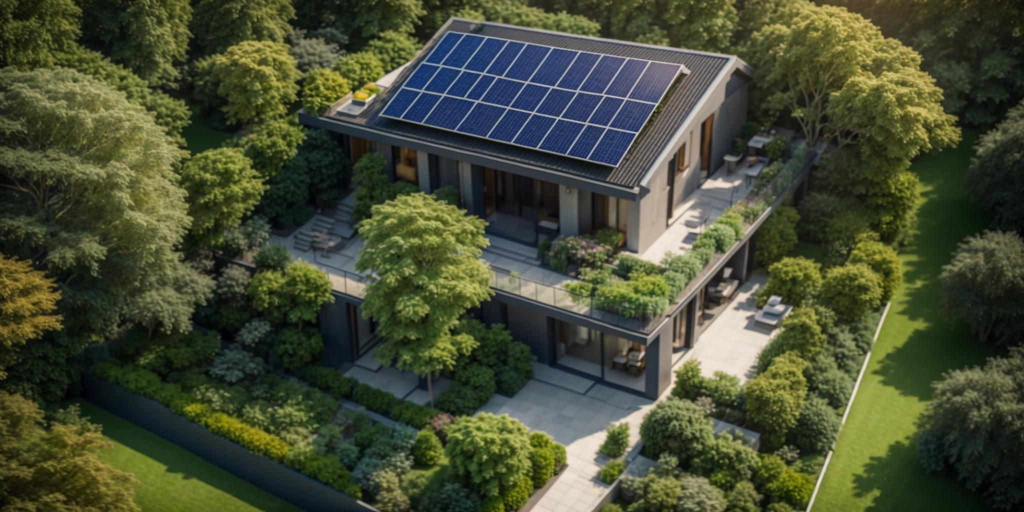 House with solar panels surrounded by a garden.