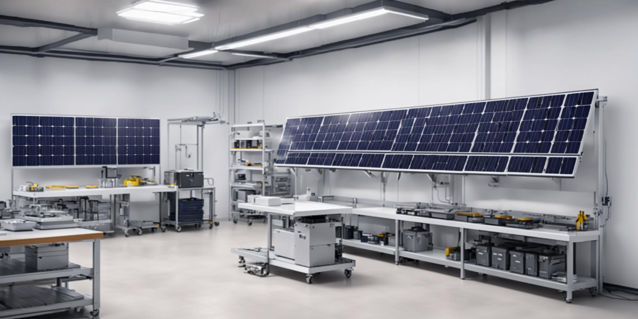 Professional solar panel installation workshop with equipment and tools