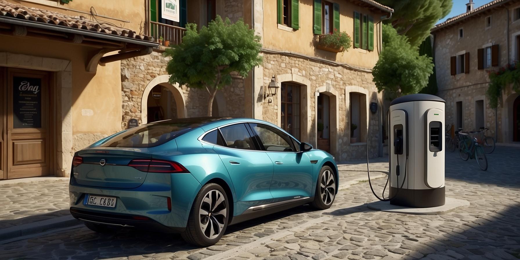 Electric car charging at a cafe in a Corsican village