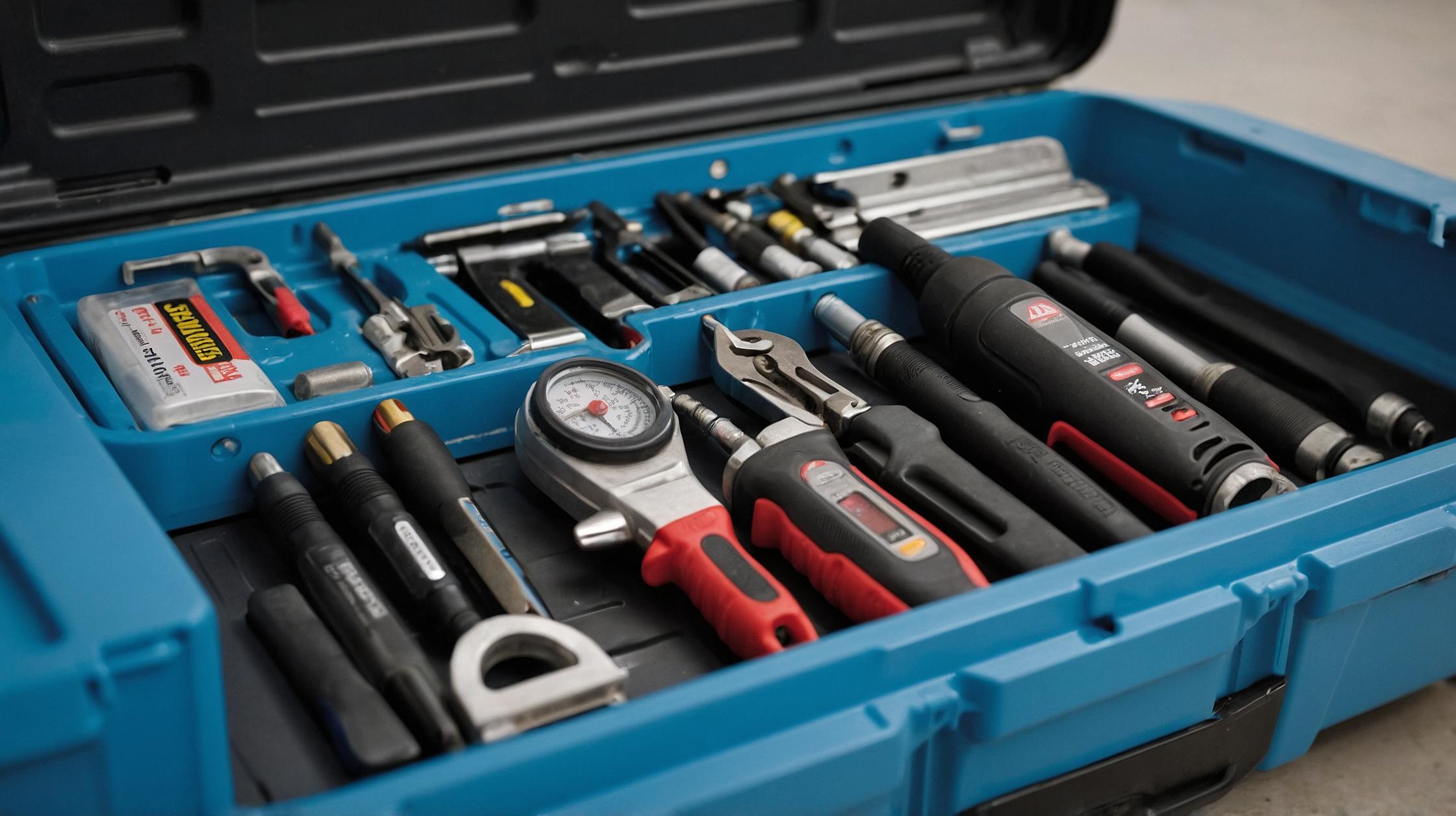 A set of specialized tools for professional air conditioning maintenance and cleaning.