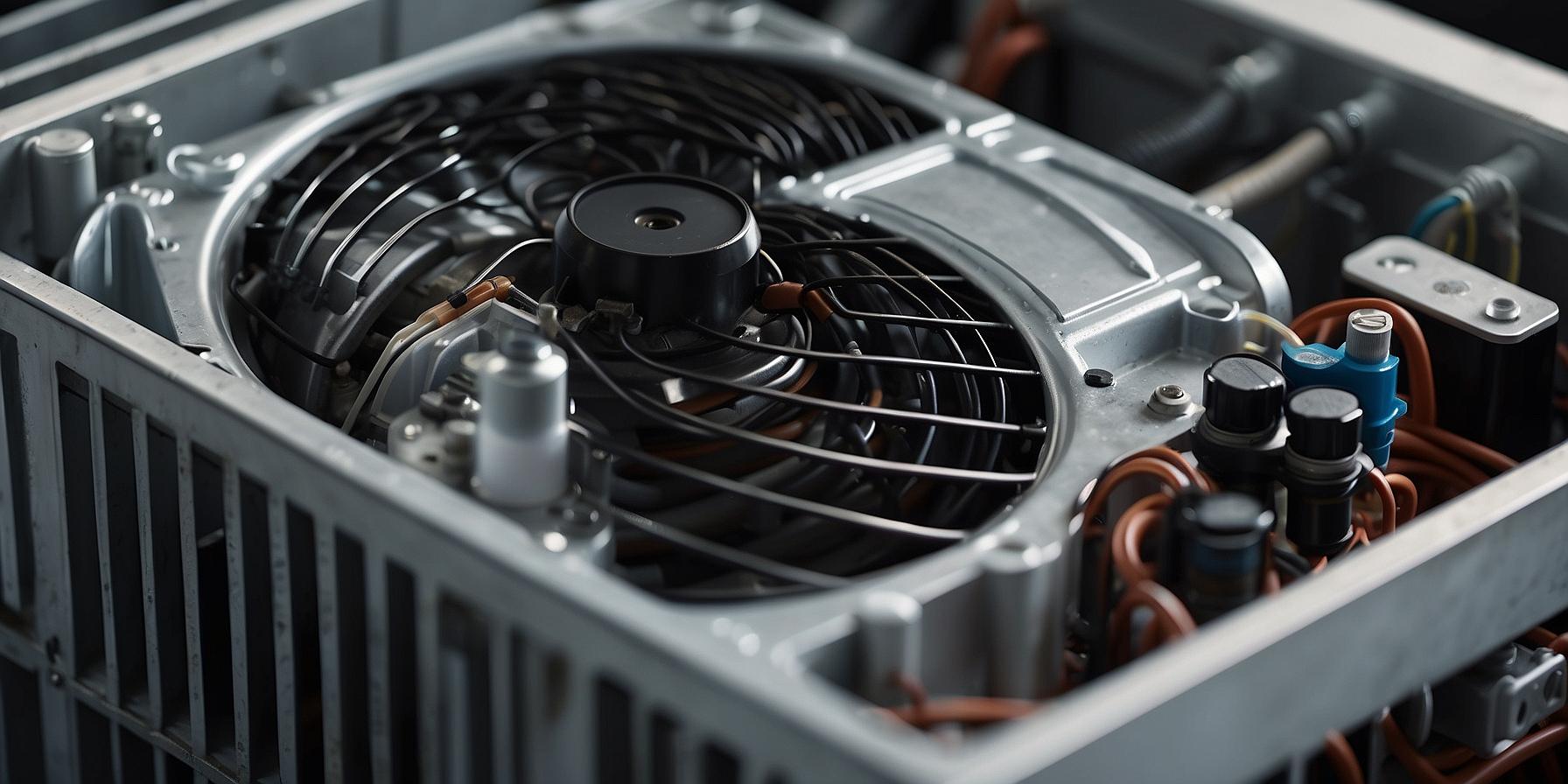 Internal components of an air conditioning unit, including evaporator coil, condenser coil, and fan motor.