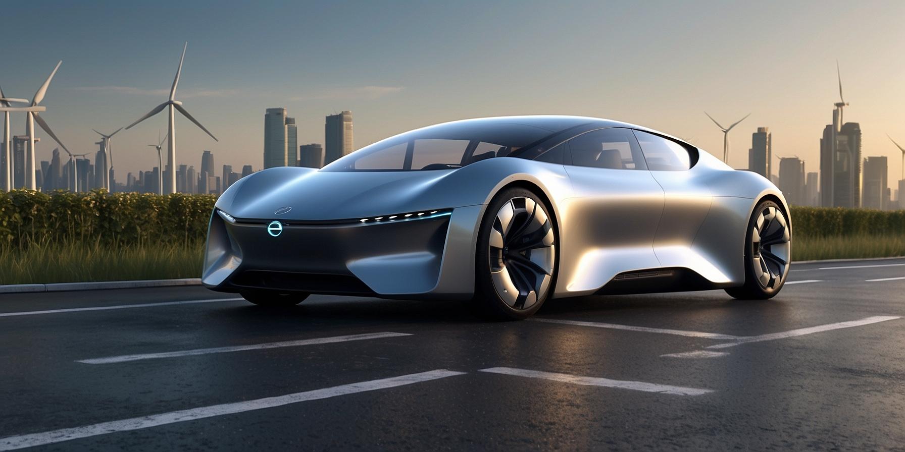 Advanced solar-powered electric vehicle concept in sustainable futuristic cityscape