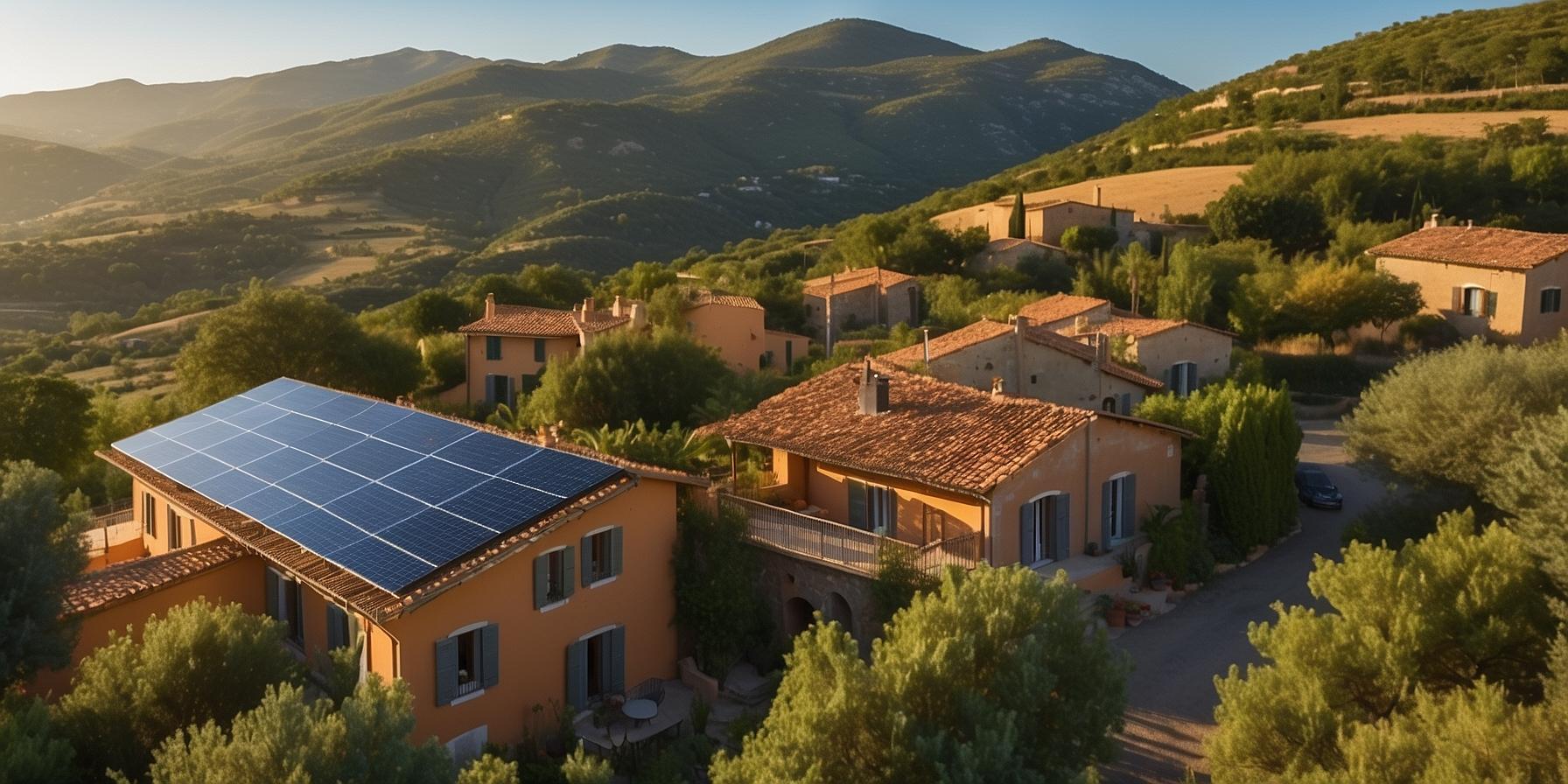 Panoramic view of a Corsican landscape with a village incorporating solar panels, representing a sustainable future for the island.