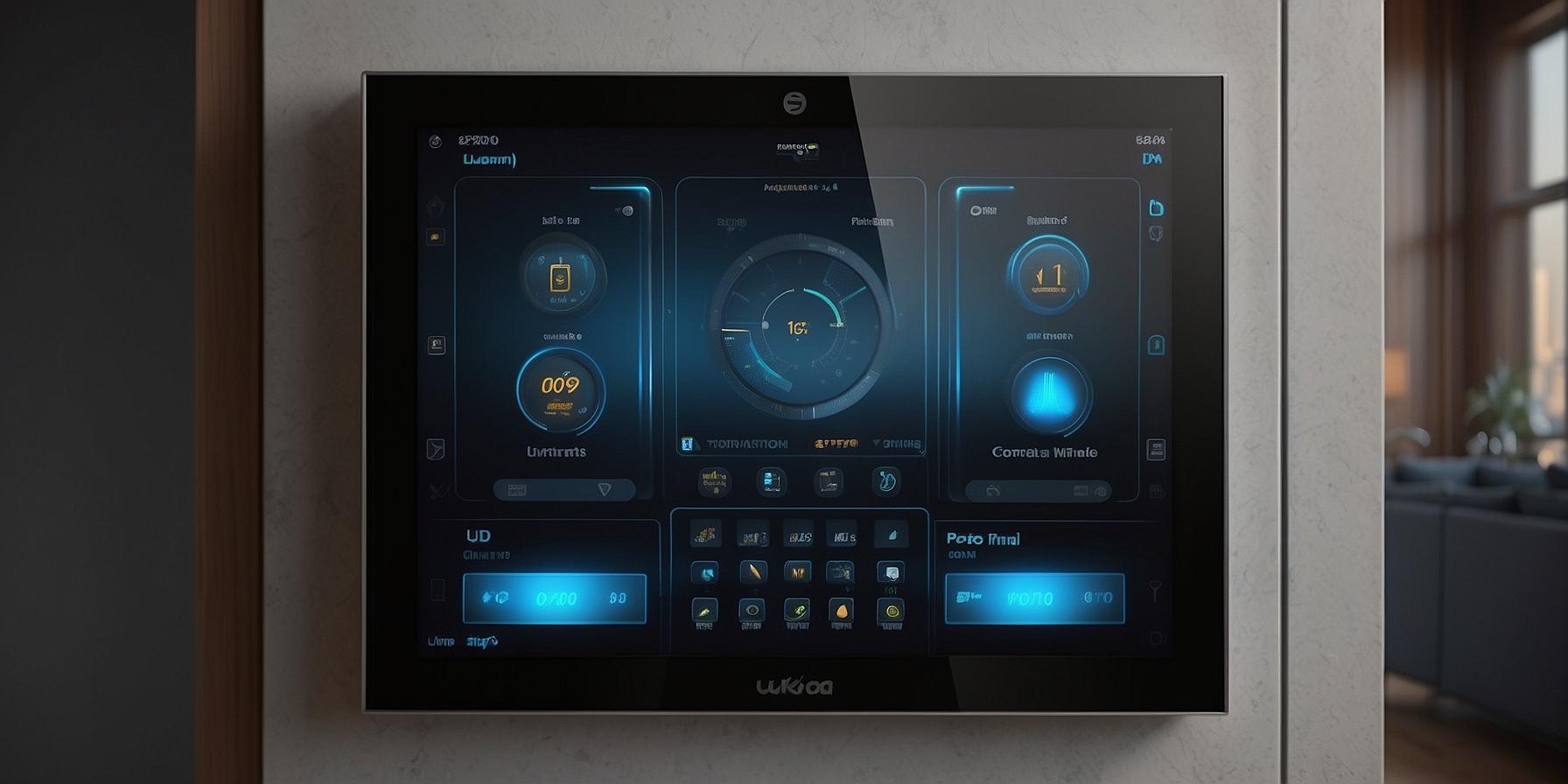 Central control panel of a smart home system with touchscreen interface for managing various home automation features