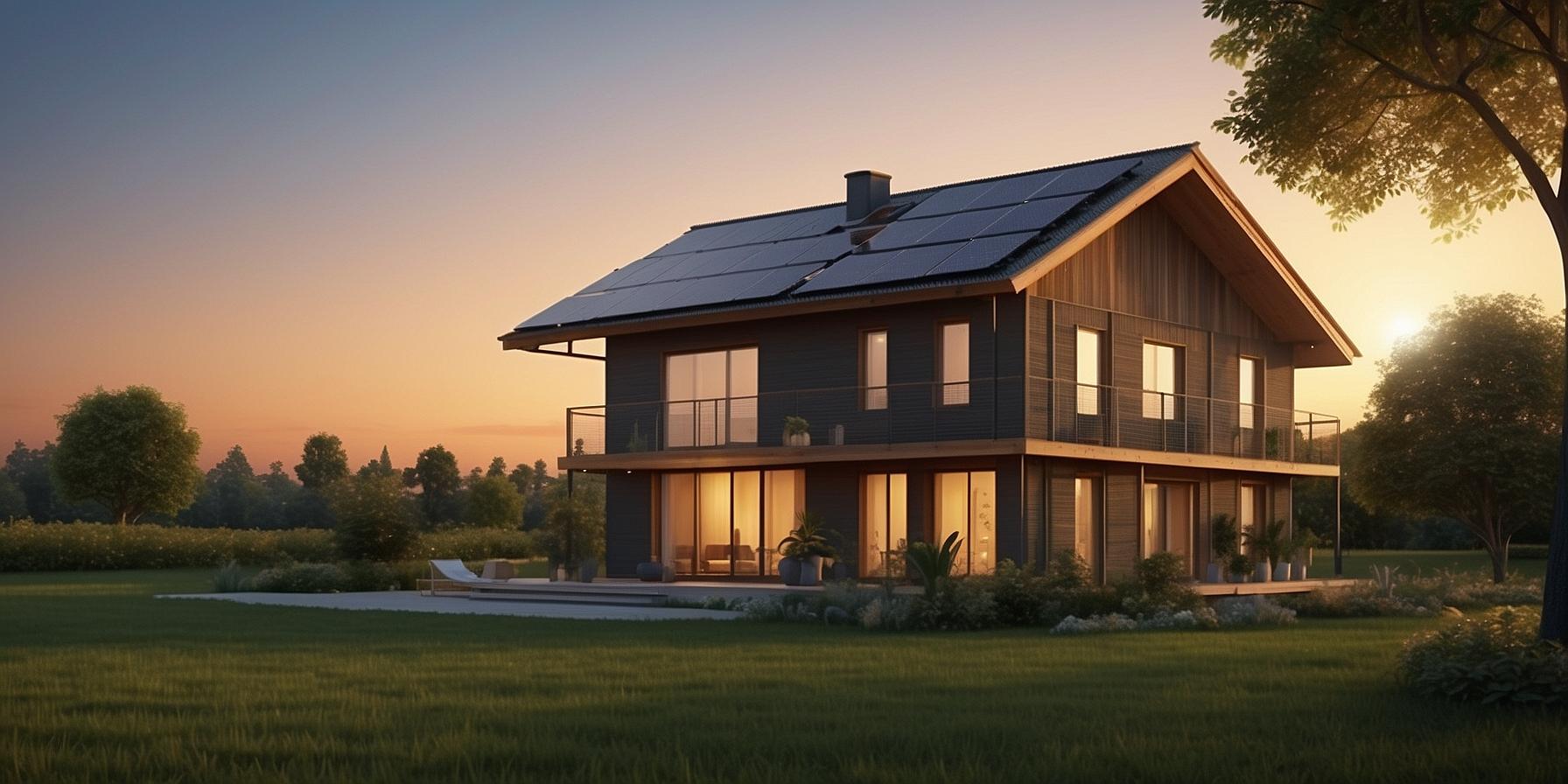 Silhouette of a house with a superimposed solar panel and energy flow lines, representing self-sufficiency through solar energy.