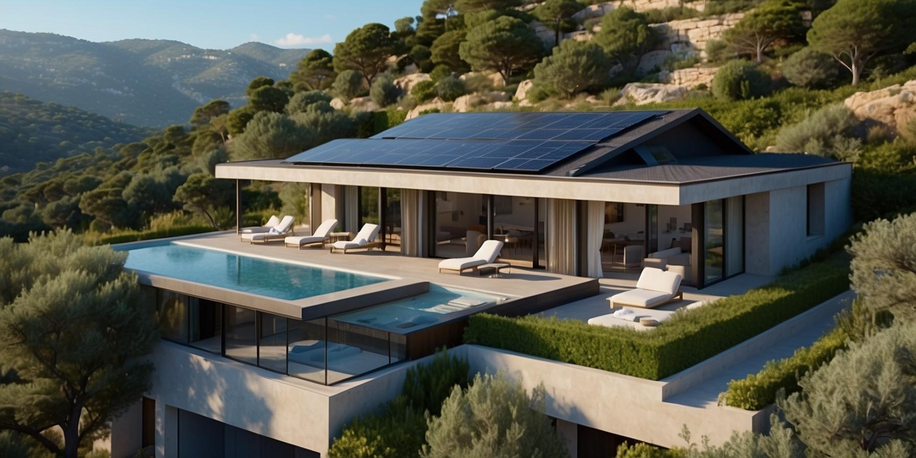 Modern Corsican villa with rooftop solar panels and electric vehicle charging station