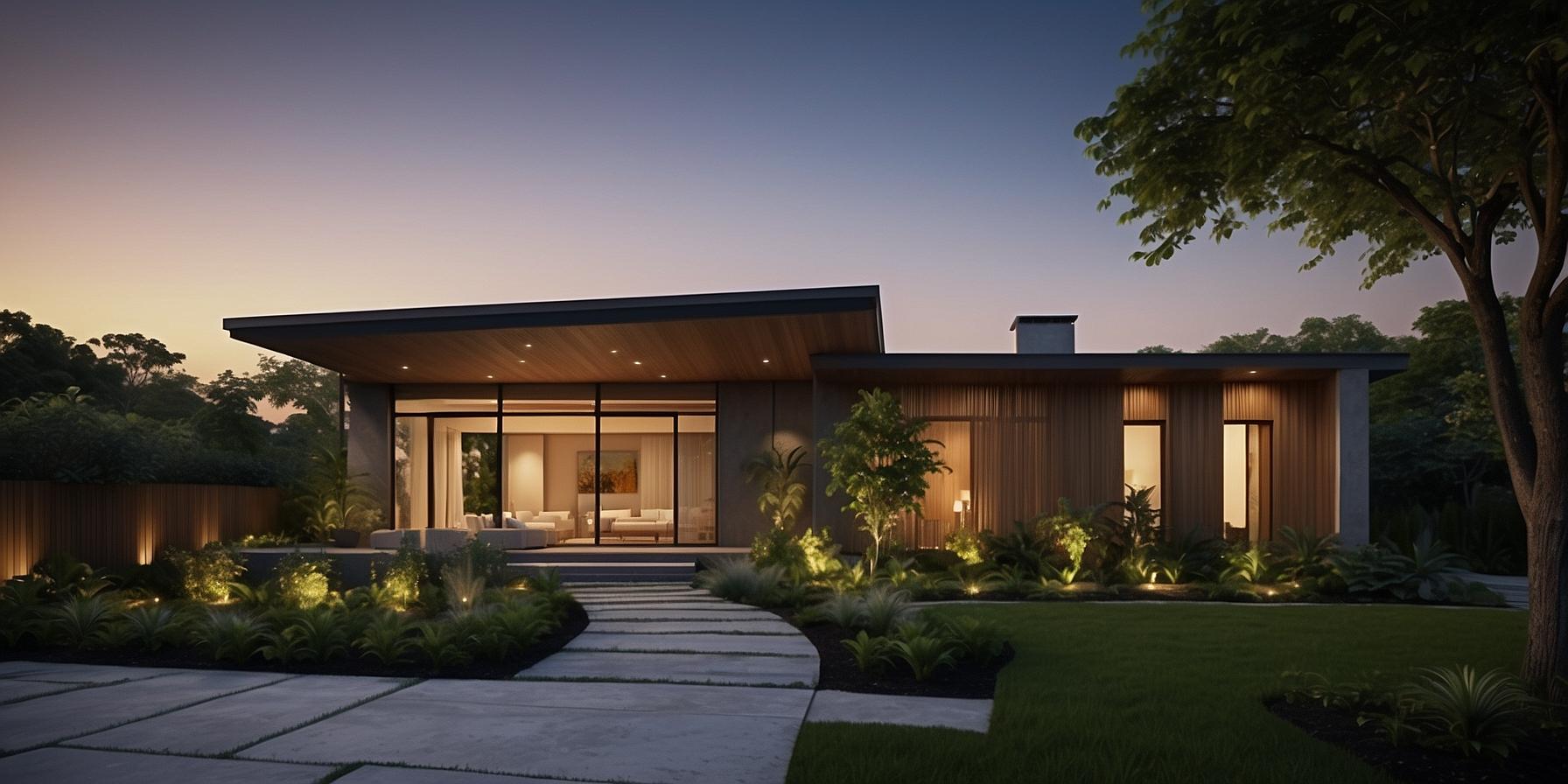 Modern home with smart lighting and energy-efficient features, highlighting comfort, security, and sustainability