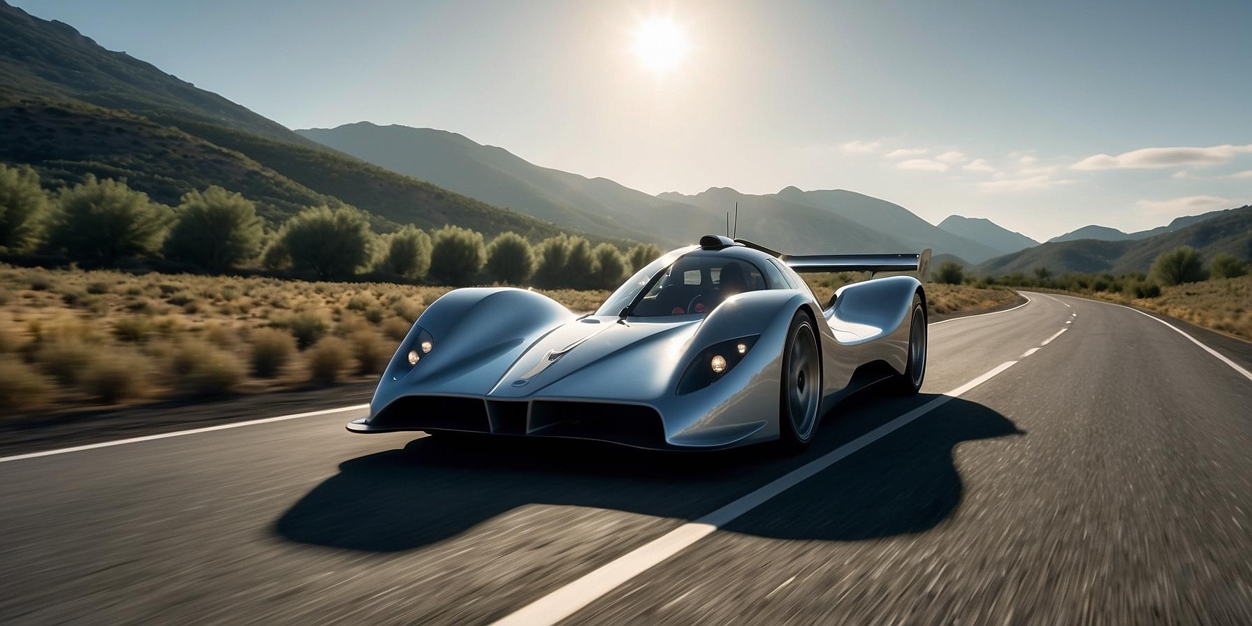 Futuristic solar-powered car on empty test track in Corsican landscape