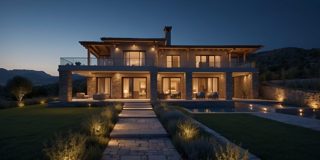 Optimized exterior lighting on a Corsican home, showcasing energy efficiency and reduced light pollution.