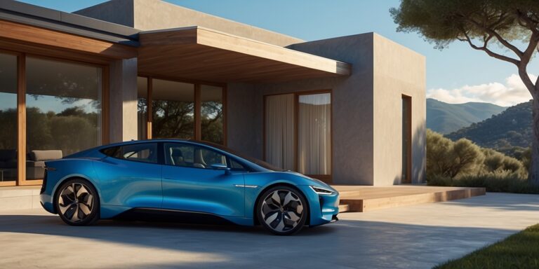 Electric car charging at a home charging station powered by solar panels in Corsica