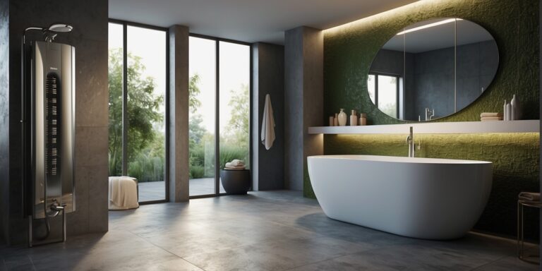 Modern bathroom with a white thermodynamic water heater
