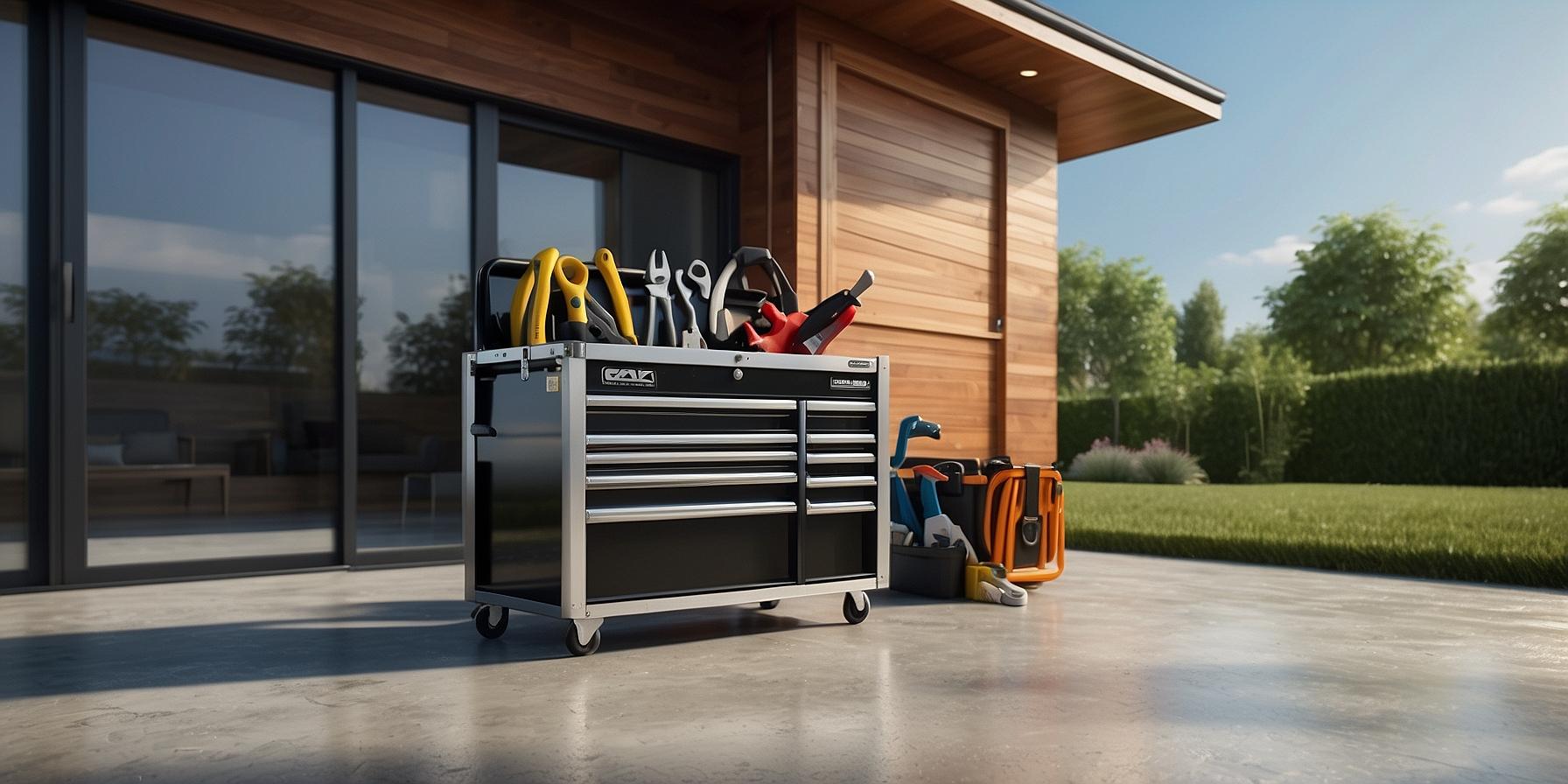 Toolbox with plumbing tools in front of a modern house, suggesting installation