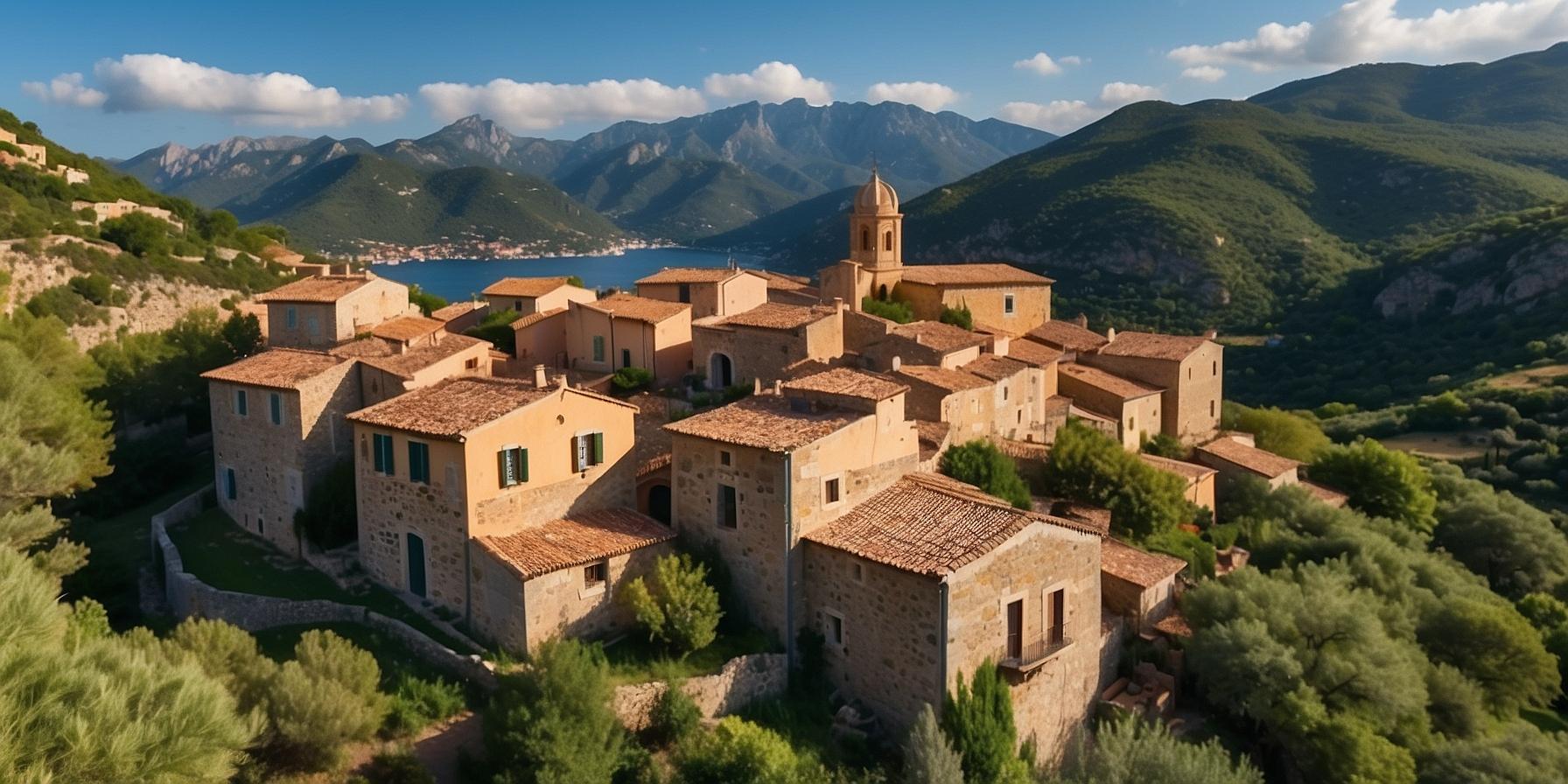 Charming Corsican village amidst rolling hills and greenery, representing a peaceful lifestyle