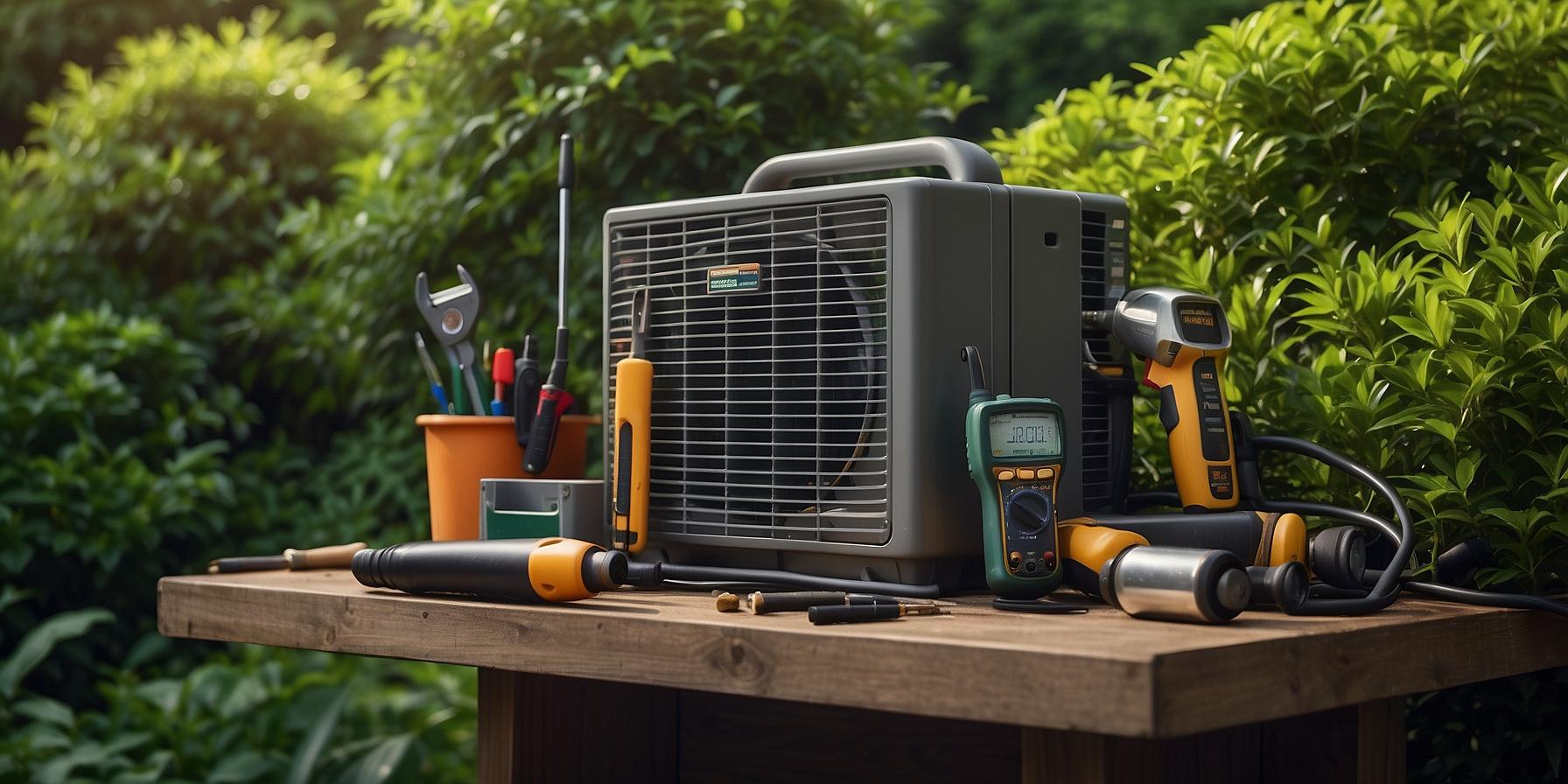 Professional tools arranged beside an air conditioning unit in a green setting, representing expert maintenance in Corsica.