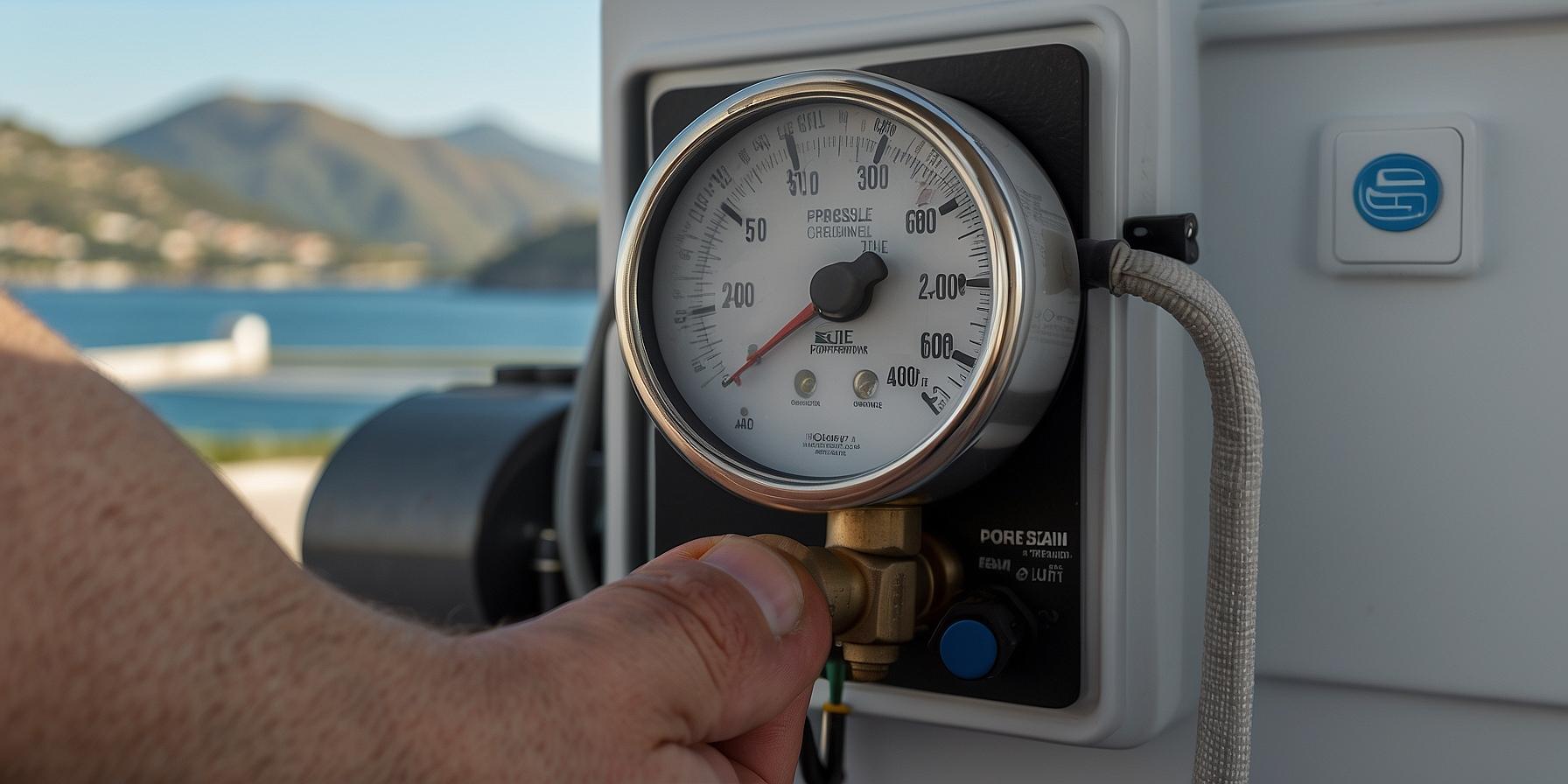 Technician checking refrigerant levels with a pressure gauge on an air conditioning unit in Corsica.