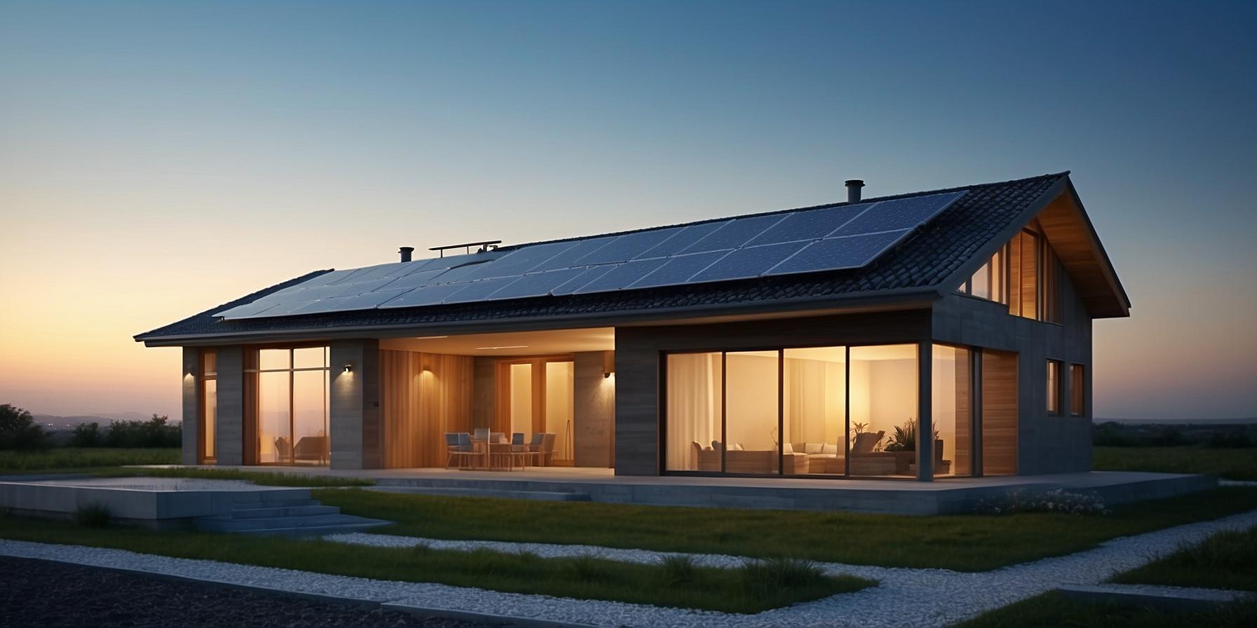 Silhouette of a house with a solar panel, symbolizing renewable energy and sustainability