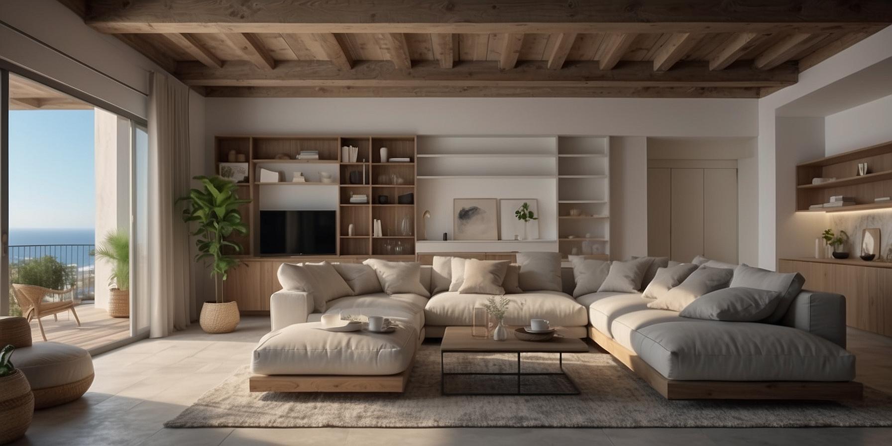 Comfortable and stylish living room in a Corsican home with a view of the Mediterranean Sea, highlighting the benefits of air conditioning.