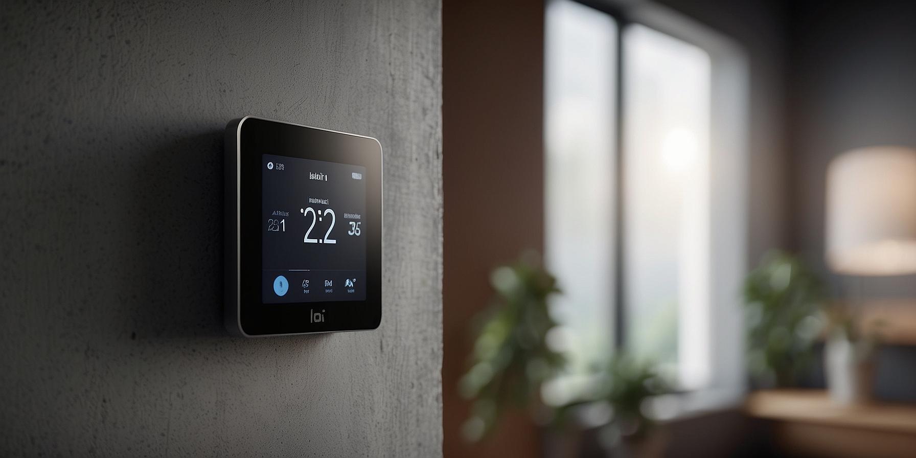 Smart thermostat displaying energy-saving settings in a modern home, contributing to lower energy bills.