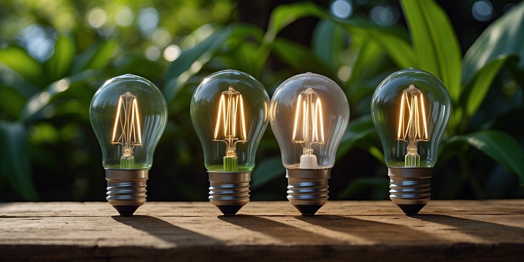 Comparison of different exterior light bulbs: LED, solar, metal halide, and halogen.