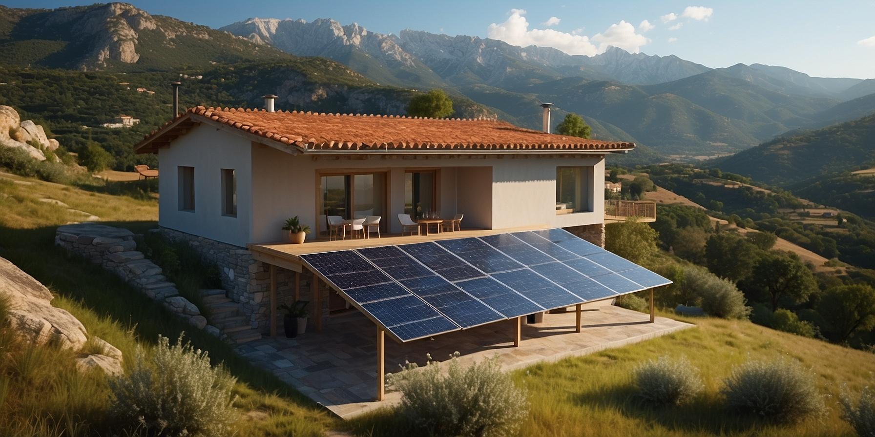 Corsican house with solar panels harnessing renewable energy, showcasing sustainable living in Corsica.