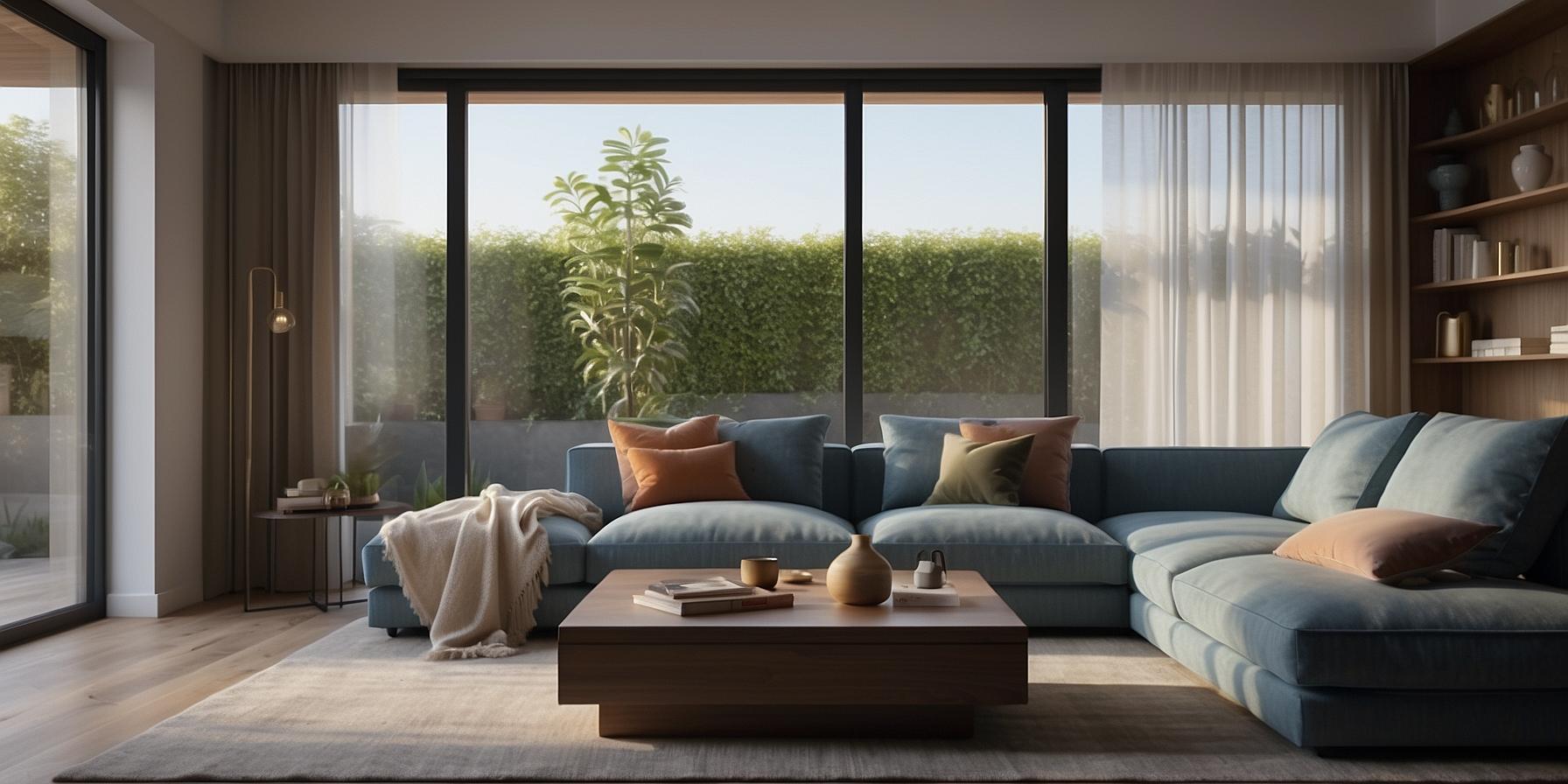 Smart home features like automated blinds and a smart speaker enhance comfort and convenience in a modern living room.