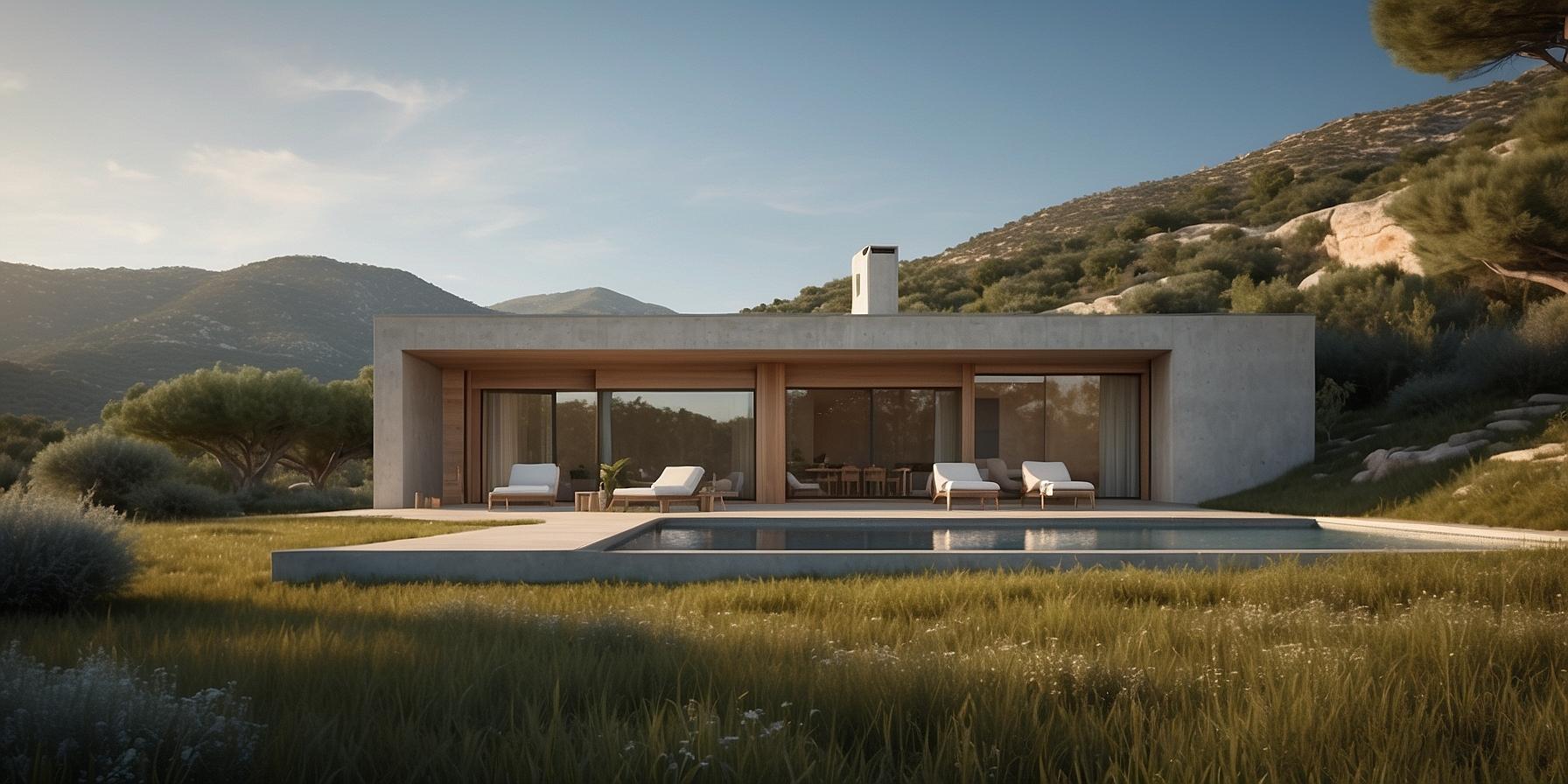 Eco-friendly house blending seamlessly into the Corsican landscape, representing a sustainable future for housing.