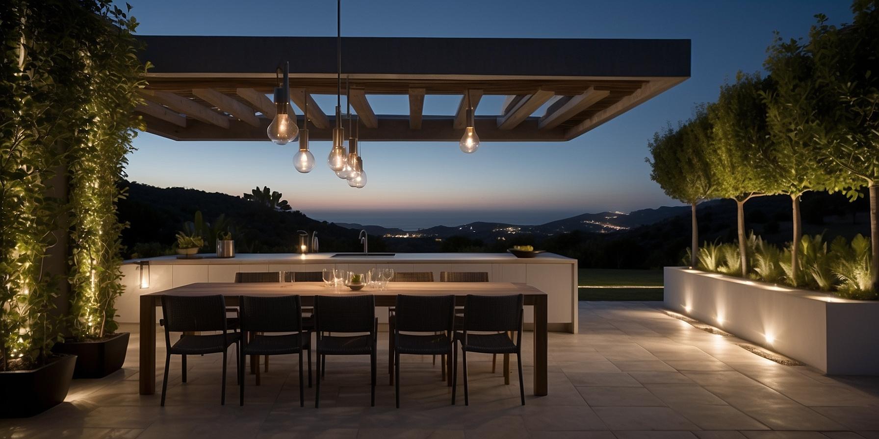 Éclairage fonctionnel pour cuisine extérieure en Corse : lampadaires, appliques murales et spots directionnels pour faciliter vos activités.
