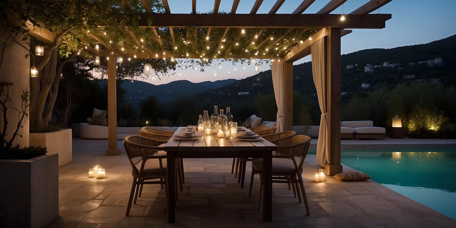 Éclairage d'ambiance pour patio en Corse : guirlandes lumineuses, lanternes et spots encastrables pour une atmosphère chaleureuse et conviviale.