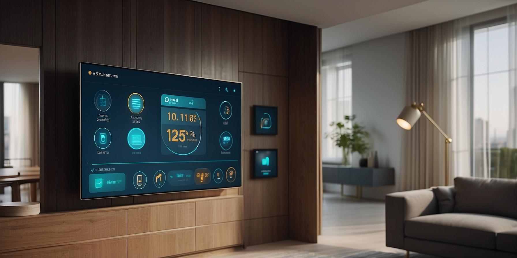 Five key functions of home automation: energy management, security, communication, comfort, and home care represented through smart devices. Connected living in Corse.