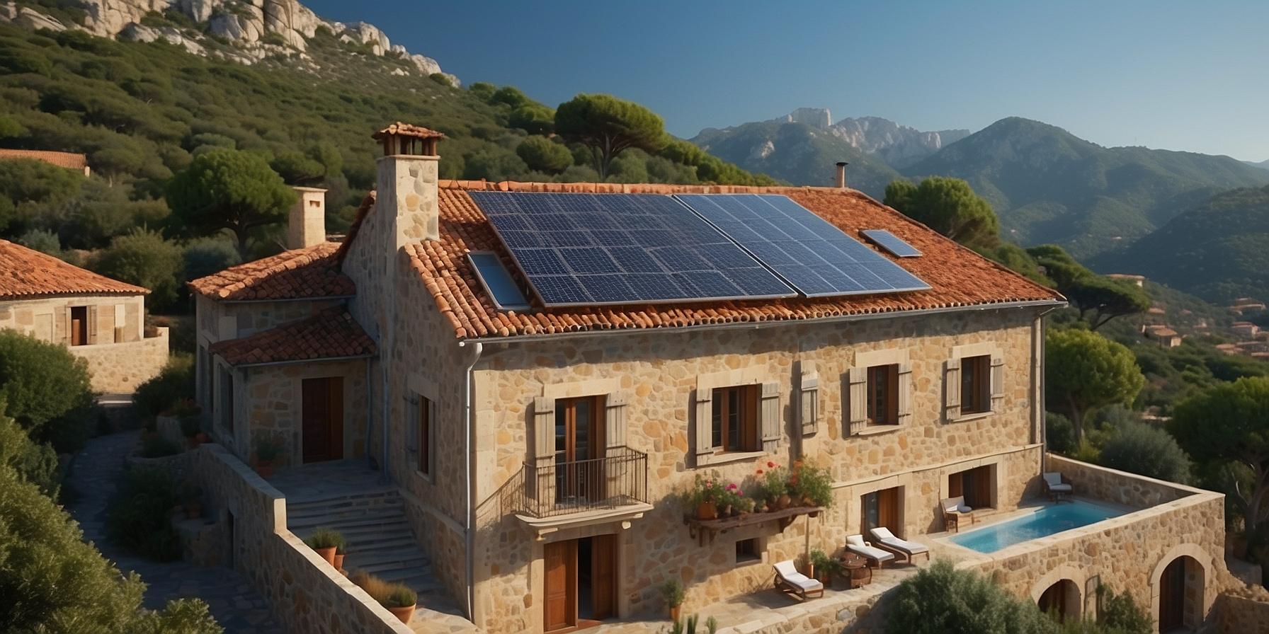 Installation de panneaux solaires sur une maison corse traditionnelle, symbolisant l'opportunité pour les professionnels en Corse.