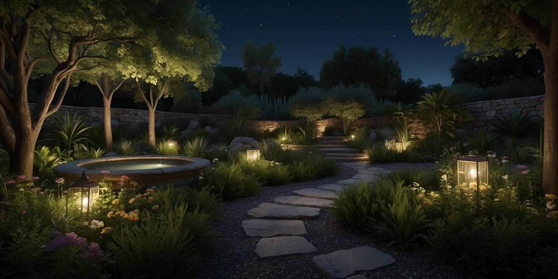 Nighttime view of a beautifully lit Corsican garden with ambient and accent lighting