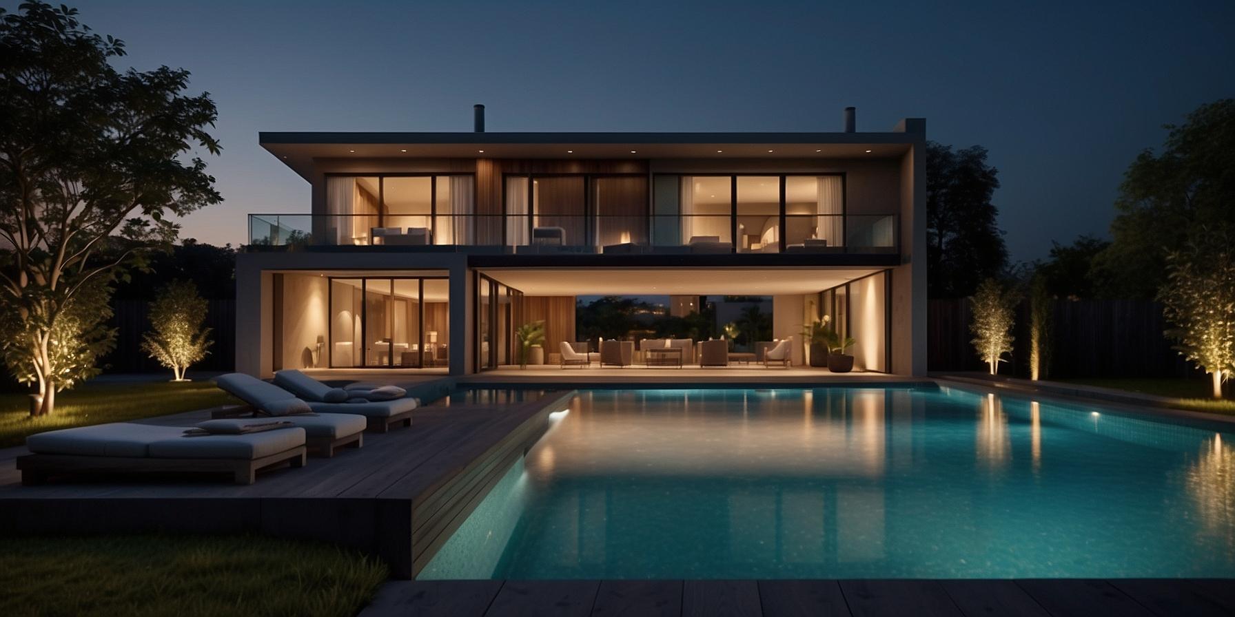 Different types of outdoor lighting: security, functional, ambient, and decorative around a modern house