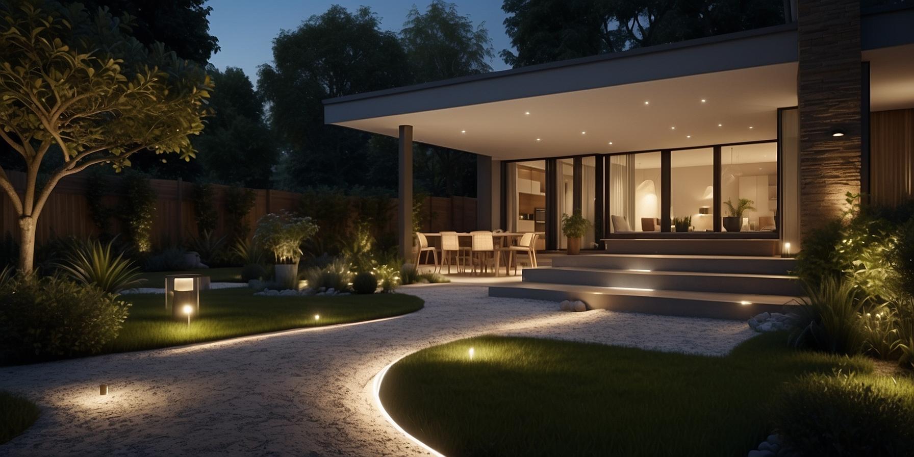 Outdoor lighting projects: LED path lights, spotlight on garden, warm ambient light on patio