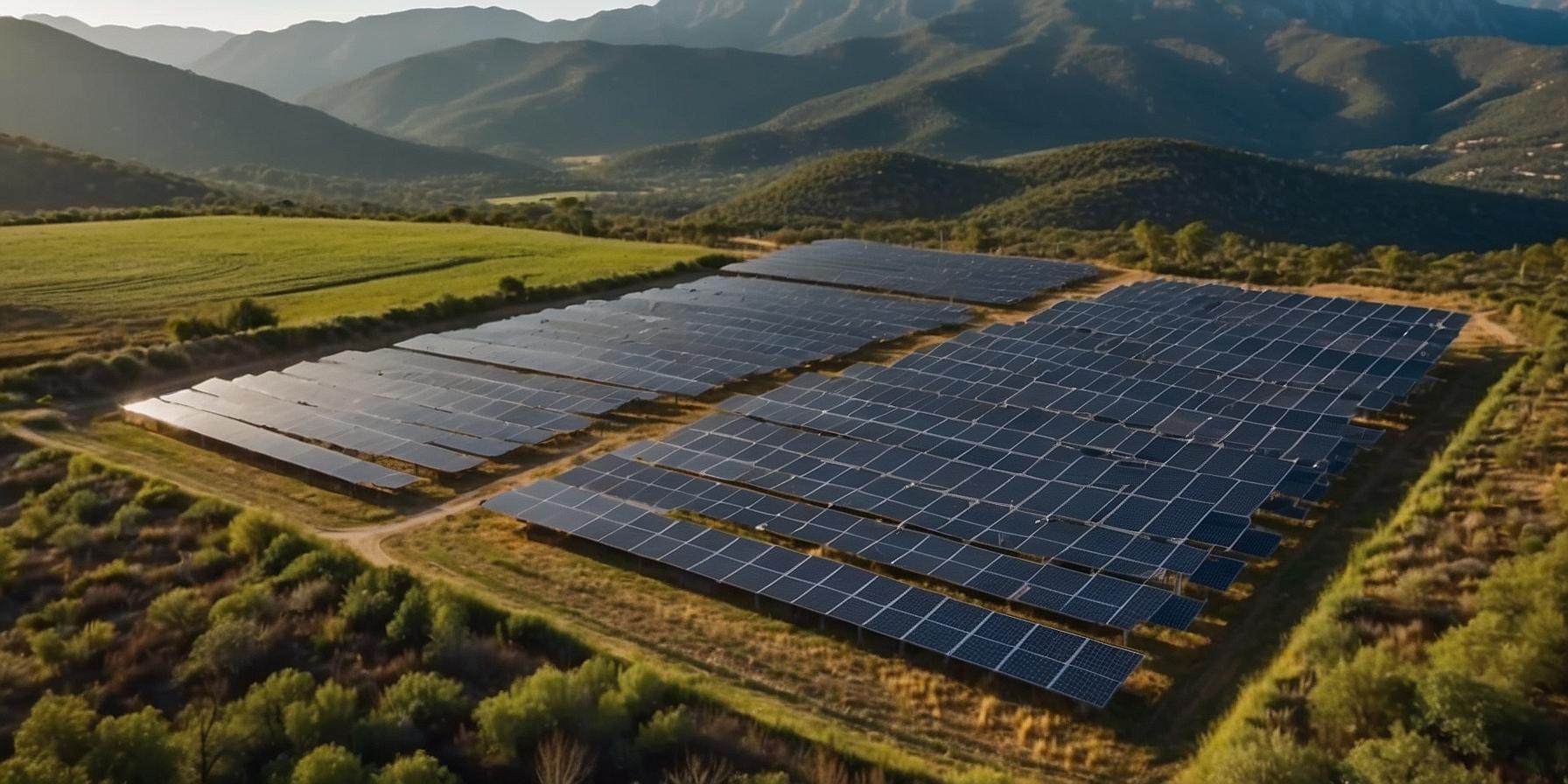Vue aérienne de panneaux solaires en autoconsommation intégrés au paysage corse, soulignant la rentabilité et l'adaptation locale.